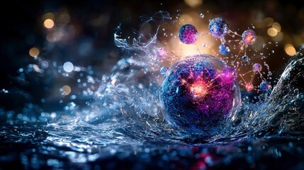 Fototapete - Electrons communicating with light and vibration cosmic water splash abstract art colorful environment dynamic viewpoint