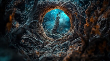 Aufkleber - Cyclical life journey through mystical forest portal enchanted landscape digital art surreal vibe dreamlike perspective
