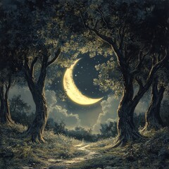 Wall Mural - A mystical forest at night with a crescent moon shining through enchanted trees