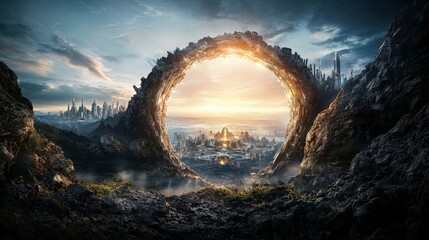 Fototapete - Mysterious portal opens in the sky futuristic cityscape digital art serene landscape wide angle gateway between worlds