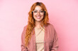 © luismolinero - Young caucasian woman isolated on pink background With glasses with happy expression