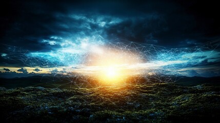 Aufkleber - Geometric sunlight illuminating nature's landscape digital art tranquil evening scene aesthetic viewpoint mystical concept
