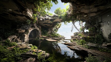 Fototapete - Exploring a multidimensional plane of shifting landscapes nature scene abandoned ruins lush environment serene viewpoint