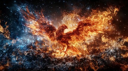Poster - Majestic phoenix rising from ashes cosmic realm digital art fiery environment dynamic viewpoint symbol of rebirth