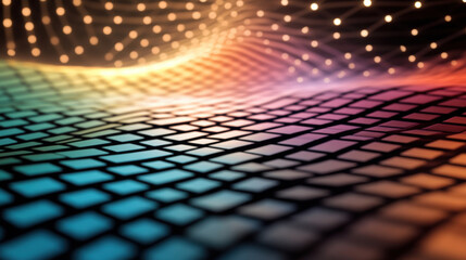 futuristic digital landscape with glowing, intersecting lines and wavy grid pattern, illuminated by warm and cool gradient lighting, creating dynamic and abstract visual effect