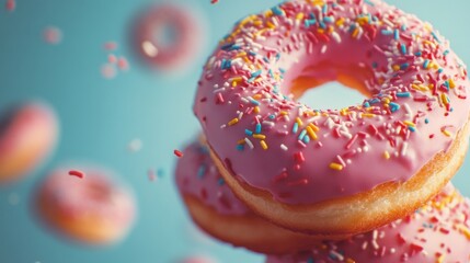 Colorful donuts with sprinkles floating in pastel space