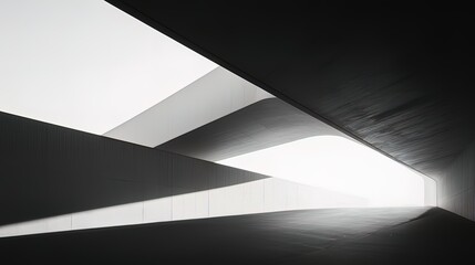 Wall Mural - Abstract grayscale image of a modern architectural structure's interior, showcasing interplay of light and shadow within sleek concrete forms and geometric lines.