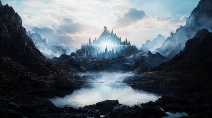Aufkleber - Transforming landscapes majestic castle on a mountain fantasy realm digital art serene environment wide viewpoint imagination