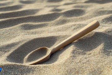 Wooden spoon resting peacefully in the grainy beach sand