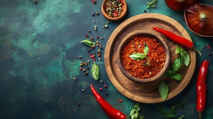 Wall Mural - Rustic bowl of soup garnished with herbs and chili peppers