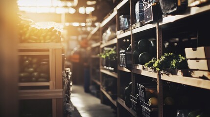 Wall Mural - Sunlit rustic shelves filled with plants and decor