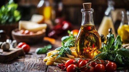 Canvas Print - Bottle of olive oil with fresh vegetables and herbs