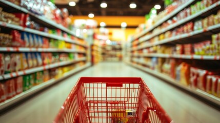 Poster - Red shopping cart in a brightly lit supermarket aisle