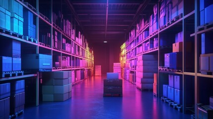 Wall Mural - Warehouse shelves illuminated by vibrant neon lights