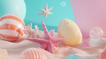 Sticker - Beach-themed decor with starfish, seashells, and pastel colors