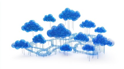 Wall Mural - abstract 3d blue cloud shapes with dripping elements on white background
