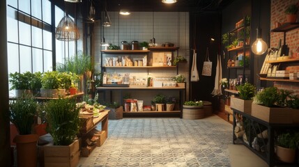 Sticker - Modern garden store with lush plants and natural light