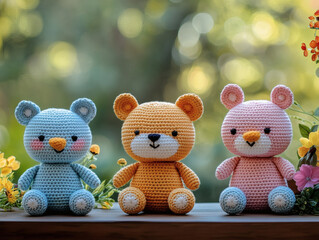 Handmade crochet teddy bear trio in pastel colors on na ature background