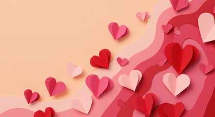 Wall Mural - Colorful paper hearts on wavy pink background for valentine's day celebration