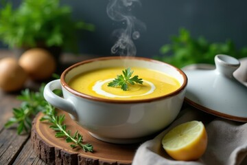 Wall Mural - Aromatic Creamy Soup, Steaming Hot in a Rustic Bowl, Garnished with Fresh Herbs and a Lemon Wedge, Served on a Wooden Board