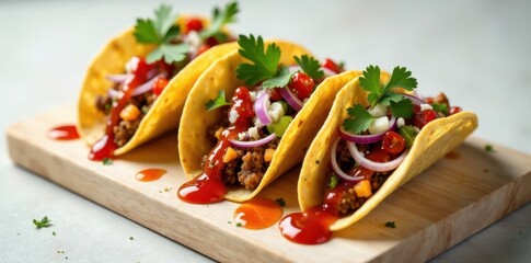 Wall Mural - Delicious seasoned ground meat tacos with fresh salsa and herbs on a wooden board