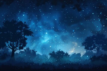 Wall Mural - starry night sky with bright cosmic lights above a silhouette of trees, creating a peaceful and myst