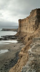 Wall Mural - Dramatic Coastal Cliff and Beach Landscape Under Overcast Sky