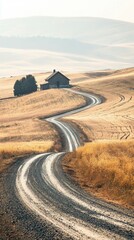 Wall Mural - Serene Curved Road Leading to a Cozy House in Golden Landscape