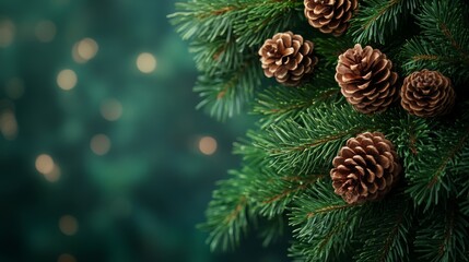 Wall Mural - Evergreen Christmas, Pine Needles and Cones with Soft Bokeh Background