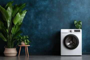 A white washing machine sits in front of a wall with a blue background