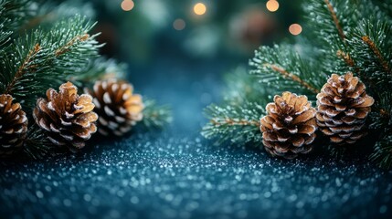 Wall Mural - Holiday Still Life, Glistening Evergreen Boughs and Snow-Dusted Pine Cones Illuminated by Festive Lights