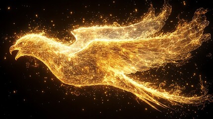 Wall Mural - ' fiery bird flying with golden sparks on a black background for mystic use.
