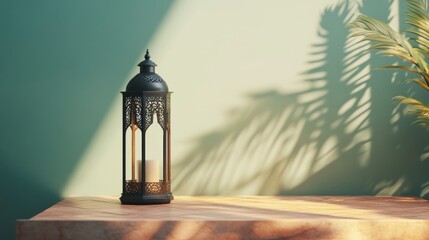 Wall Mural - Elegant islamic lantern fanoos hanging on a podium floor with warm golden glow, symbolizing the spiritual essence of ramadan and the holy month of fasting, perfect for islamic festive decorations, wor