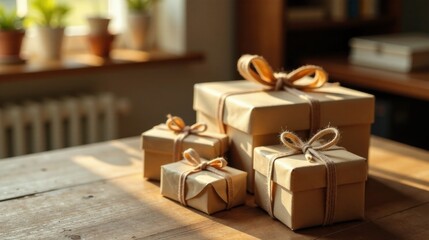 Poster - Sunlight illuminates a rustic wooden table showcasing several modestly wrapped gifts tied with twine bows.