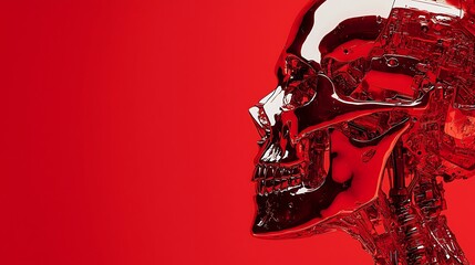 '  Metallic skull profile on red, for Sci-Fi or futuristic concepts, space, AI.