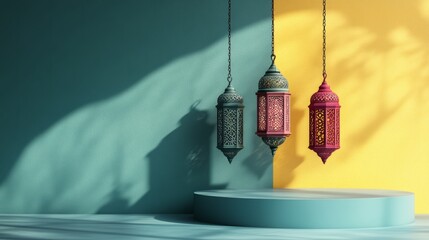 Wall Mural - Elegant islamic lantern fanoos hanging on a podium floor with warm golden glow, symbolizing the spiritual essence of ramadan and the holy month of fasting, perfect for islamic festive decorations, wor