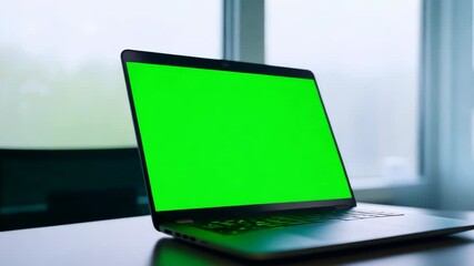 Laptop with blank green screen on a table. Interior of living room. Computer monitor green background mockup. Digital chroma key display. Modern pc template. Working from home concept. Tracking shot