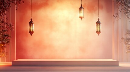 Wall Mural - Elegant islamic lantern fanoos hanging on a podium floor with warm golden glow, symbolizing the spiritual essence of ramadan and the holy month of fasting, perfect for islamic festive decorations, wor