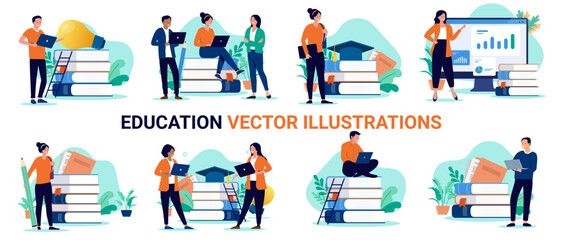 Aufkleber - Education and school illustrations collection - Set of vector graphic design elements of student people using computers, reading books and working on educational research