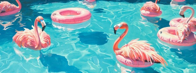 Pink Flamingos Relaxing in a Pool with Inflatable Rings