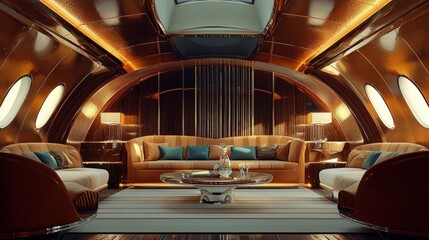 Wall Mural - Luxurious Vintage Interior of an Aircraft Cabin with Warm Lighting