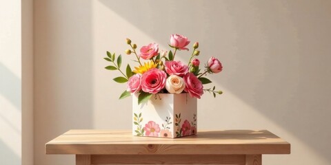 Poster - A cheerful floral arrangement in a decorative container sits on a simple wooden table, bathed in soft sunlight