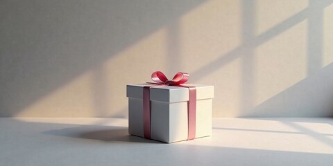 Poster - A solitary white gift box adorned with a delicate pink ribbon, bathed in the soft glow of sunlight filtering through a window, rests on a pristine white surface.
