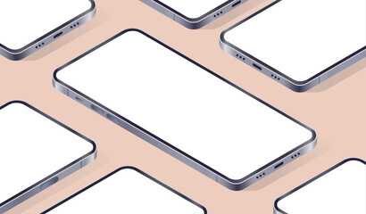 Poster - Isometric mobile phone screen template - Set of unbranded smartphones in perspective top view with white empty screens. Mockup of website or app presentation vector illustration