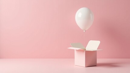 Poster - A pastel pink background features a light pink open box with a white balloon floating above it, suggesting a delightful surprise or a celebratory moment.