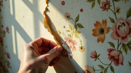 Leinwandbilder - A hand carefully peeling away aged floral wallpaper, revealing layers of time and sun-drenched patterns