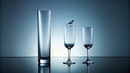 Wall Mural - Empty Glasses on Reflective Surface: Minimalist Still Life Photography