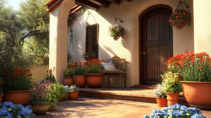 Canvas Print - A lovely home patio with classic décor and colorful flowerpots.