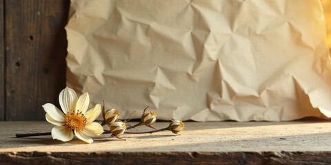 Aufkleber - A delicate single bloom and unopened buds rest on weathered wood, juxtaposed against a backdrop of subtly textured paper in warm, inviting light.
