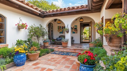 Canvas Print - A lovely home patio with classic décor and colorful flowerpots.